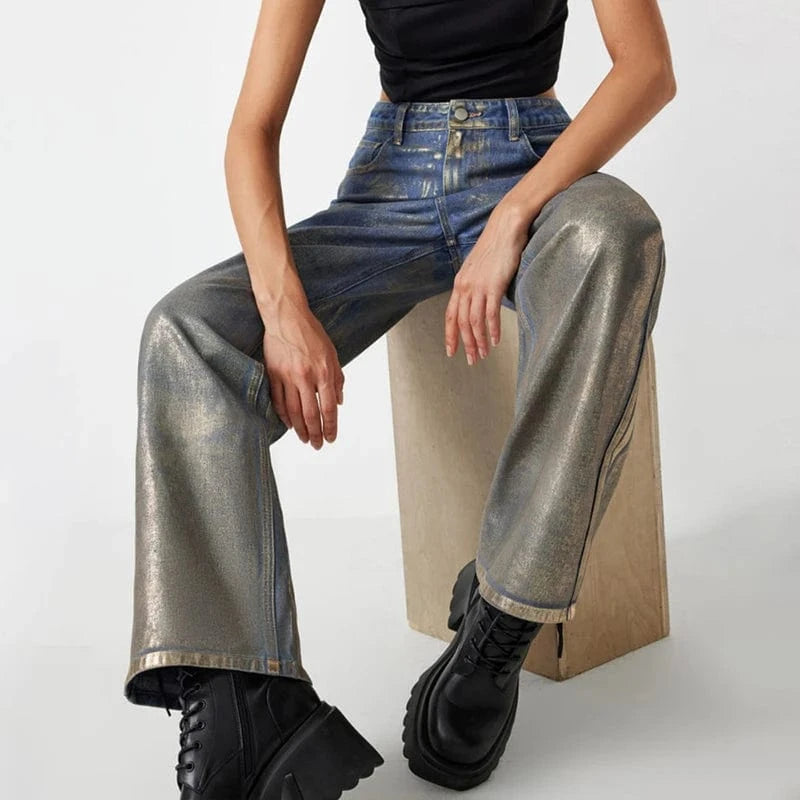 CHICEVER Fashionable Gilding Design High Waist Patchwork Pockets Denim Jeans Pants For Women