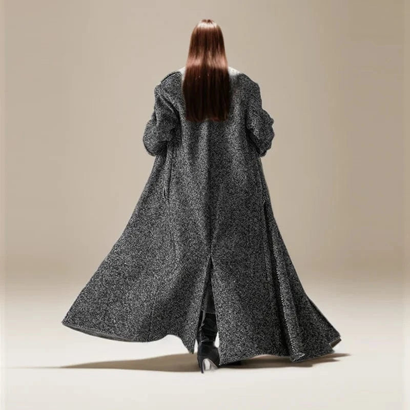 CHICEVER Fashionable Hit Color Notched Collar Long Sleeve Long Jacket For Women Winter