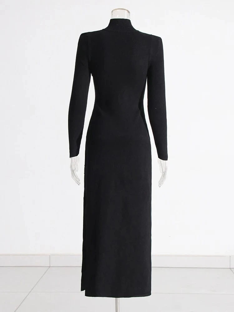 CHICEVER High Quality Patchwork Belt Long Sleeve Solid Color Slim Dresses Long Dress For Women