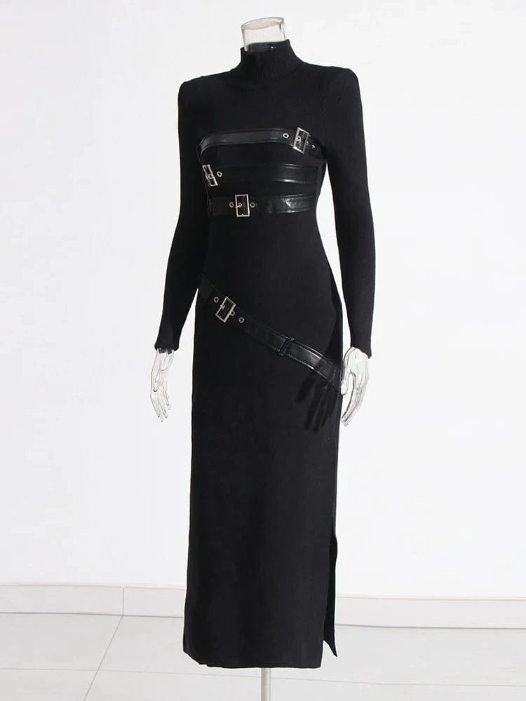 CHICEVER High Quality Patchwork Belt Long Sleeve Solid Color Slim Dresses Long Dress For Women