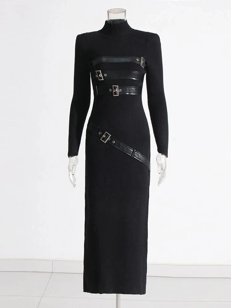 CHICEVER High Quality Patchwork Belt Long Sleeve Solid Color Slim Dresses Long Dress For Women
