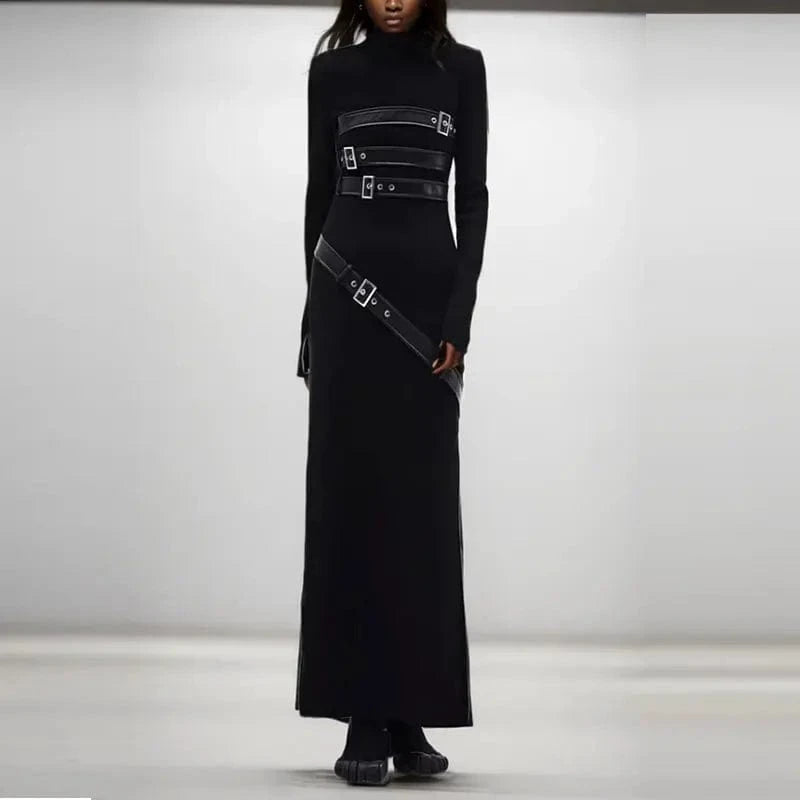 CHICEVER High Quality Patchwork Belt Long Sleeve Solid Color Slim Dresses Long Dress For Women