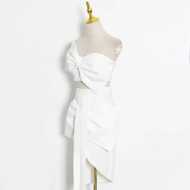 CHICEVER High Quality Solid Color Patchwork Bowknot Top Strapless Women Two Piece Skirt Set