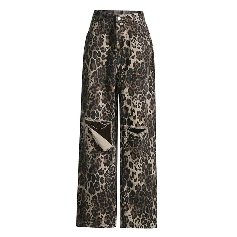 CHICEVER High Waist Patchwork Pocket Hollow Out Colorblock Leopard Print Denim High Waist Women Pants 2023