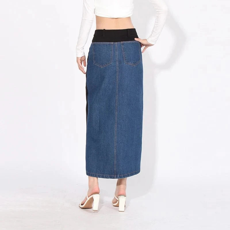 CHICEVER High Waist Patchwork Pockets Colorblock Split Long Skirts Denim Skirt For Women