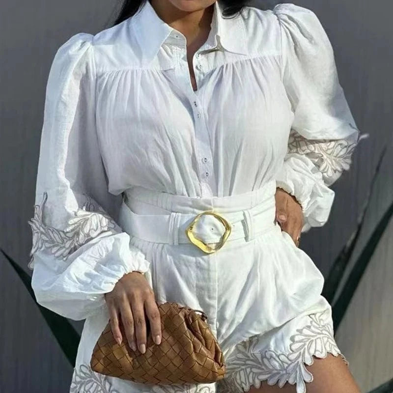 CHICEVER Lapel Long Sleeve Top High Waist Spliced Belt 2 Piece Set Women Fall 2023