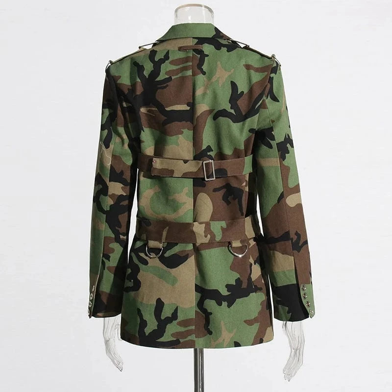 CHICEVER Notched Collar Long Sleeve Spliced Pocket Camouflage Patchwork Belt Jackets Coat Winter Jacket Woman 2023
