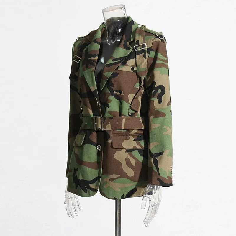 CHICEVER Notched Collar Long Sleeve Spliced Pocket Camouflage Patchwork Belt Jackets Coat Winter Jacket Woman 2023