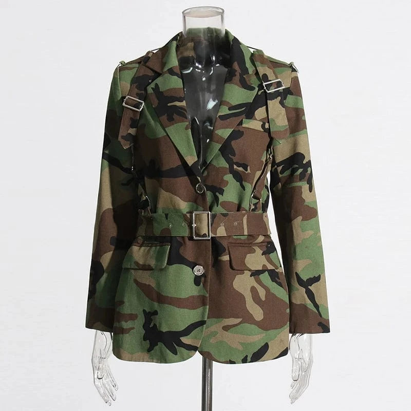 CHICEVER Notched Collar Long Sleeve Spliced Pocket Camouflage Patchwork Belt Jackets Coat Winter Jacket Woman 2023