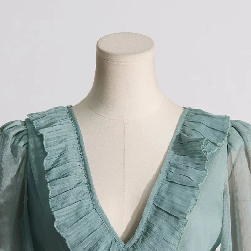 CHICEVER Patchwork Ruffles Deep V Neck Lantern Sleeve High Waist Women Dresses Long Sleeve Women Long Dress