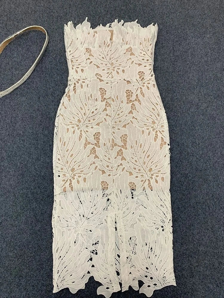 CHICEVER Summer Sleeveless Hollow Out High Waist Spliced Belt Midi White Dress For Women