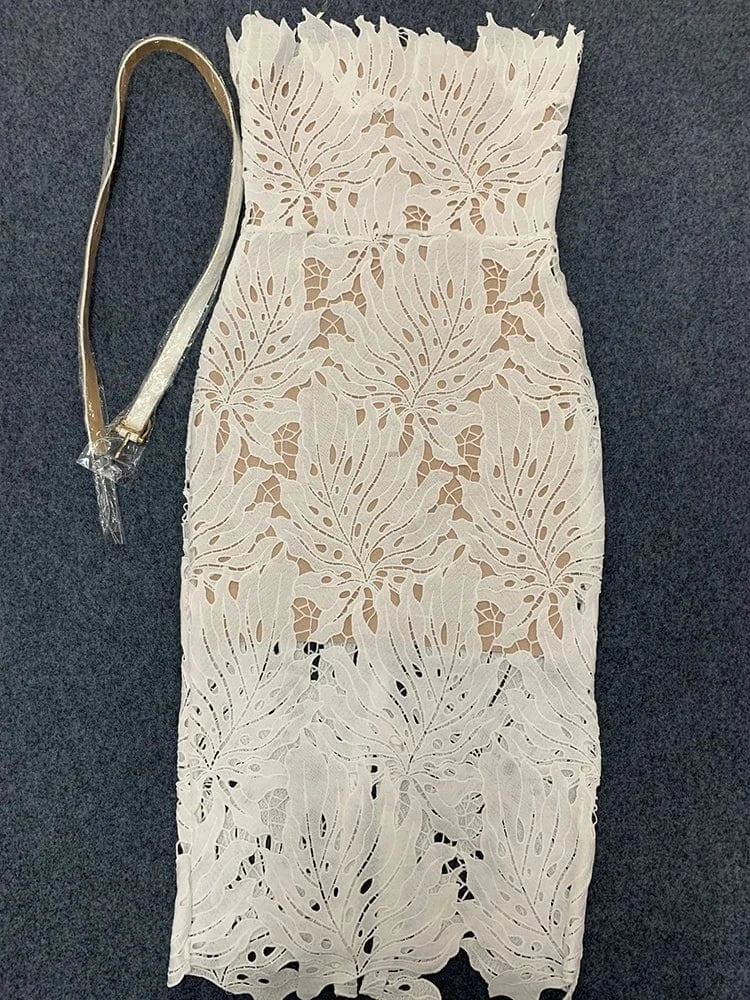 CHICEVER Summer Sleeveless Hollow Out High Waist Spliced Belt Midi White Dress For Women