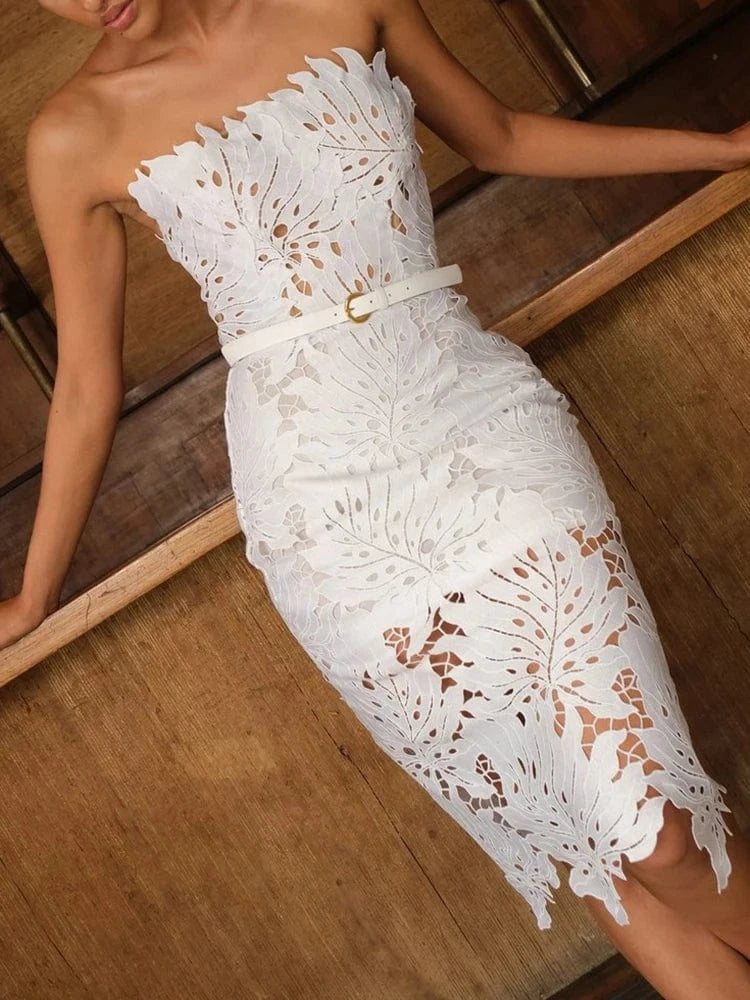 CHICEVER Summer Sleeveless Hollow Out High Waist Spliced Belt Midi White Dress For Women