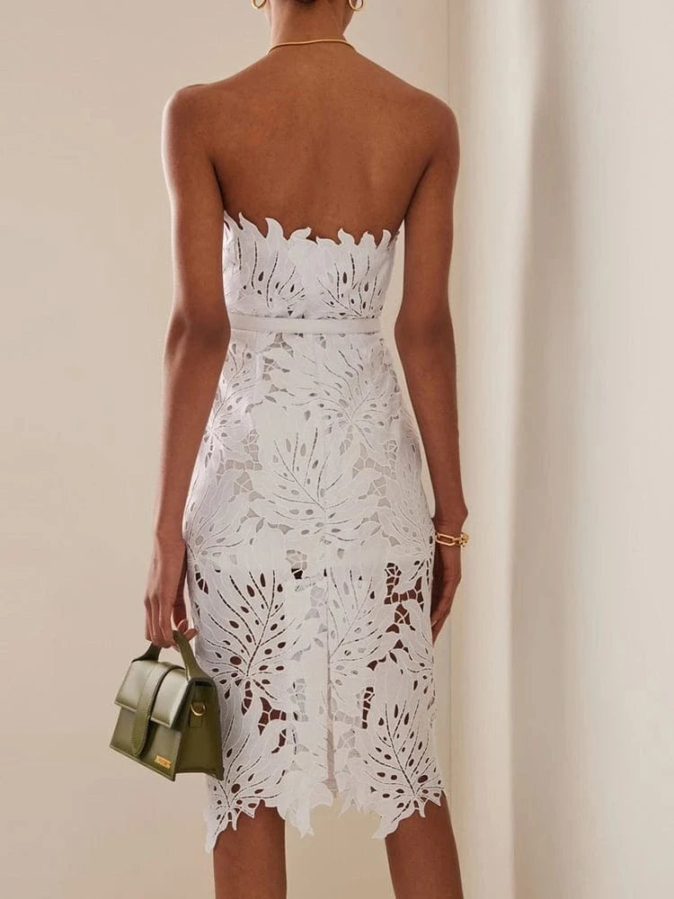 CHICEVER Summer Sleeveless Hollow Out High Waist Spliced Belt Midi White Dress For Women