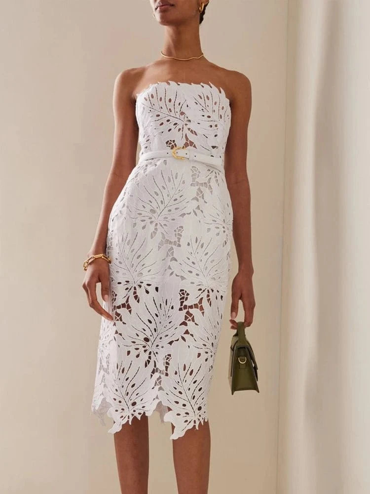 CHICEVER Summer Sleeveless Hollow Out High Waist Spliced Belt Midi White Dress For Women