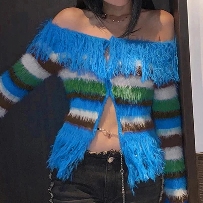 CHICEVER Winter New Slash Neck Long Sleeve Tassel Knitting Women Fall Sweater 2023