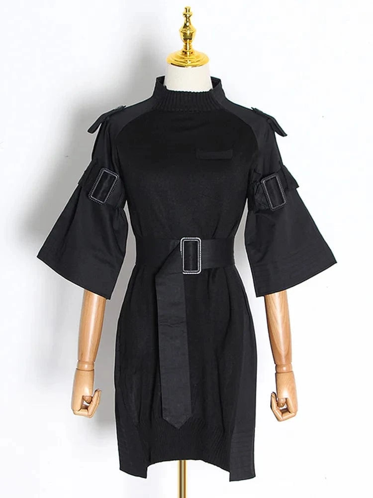 CHICEVER Women Dresses Belted Buckle Gather Waist Half Sleeve Slimming Mini Dress For Women