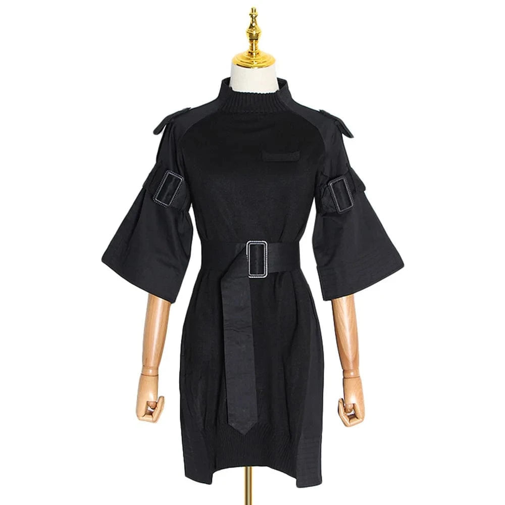 CHICEVER Women Dresses Belted Buckle Gather Waist Half Sleeve Slimming Mini Dress For Women