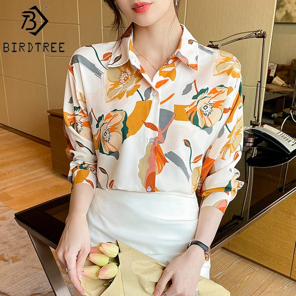 Chiffon Women Flower Printing Shirt 2022 Autumn PNew Style Long Sleeves Female Cheap Clothes Blouses Tops T27615X