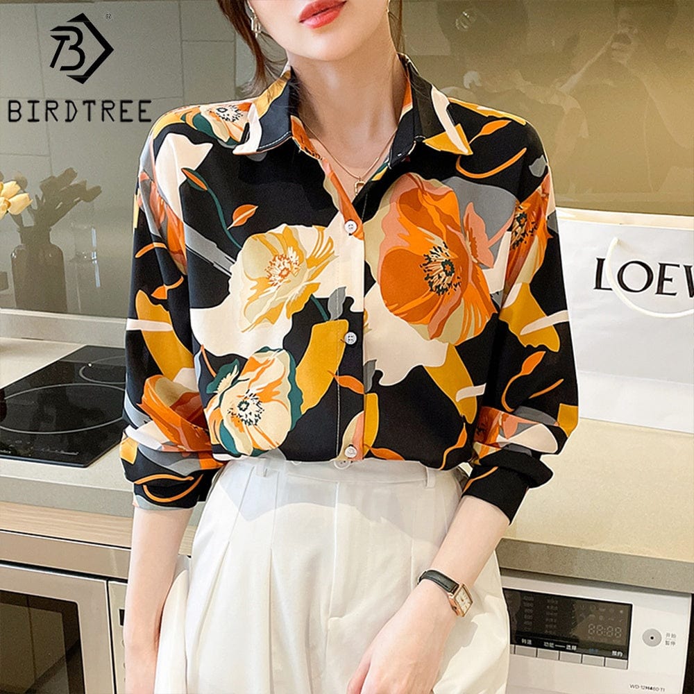 Chiffon Women Flower Printing Shirt 2022 Autumn PNew Style Long Sleeves Female Cheap Clothes Blouses Tops T27615X