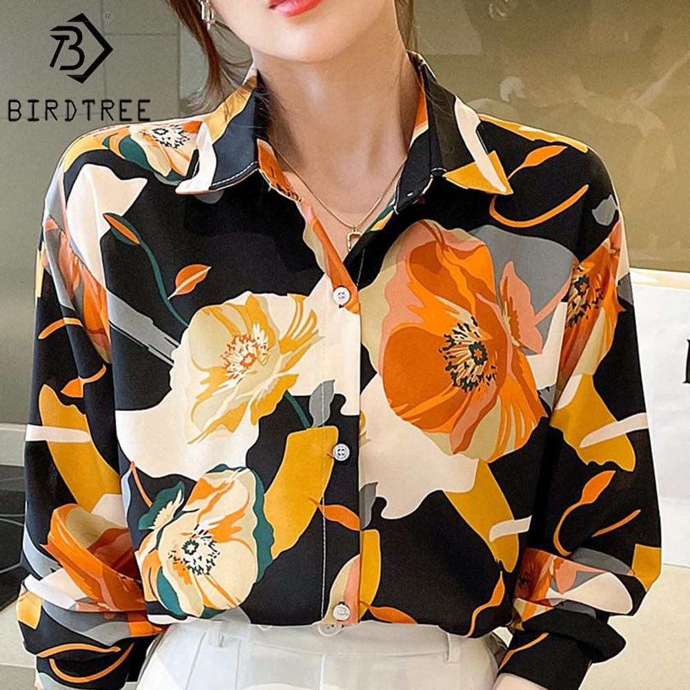 Chiffon Women Flower Printing Shirt 2022 Autumn PNew Style Long Sleeves Female Cheap Clothes Blouses Tops T27615X