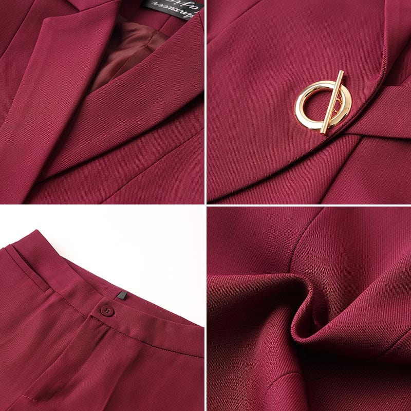 China Factory Burgundy Wholesaler 2 Piece Set Simple Formal Pant Suit Blazer Office Lady Designs Women Ruffles Jacket and Pant