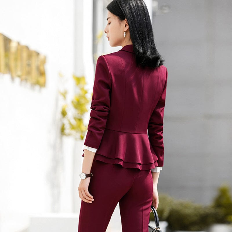 China Factory Burgundy Wholesaler 2 Piece Set Simple Formal Pant Suit Blazer Office Lady Designs Women Ruffles Jacket and Pant