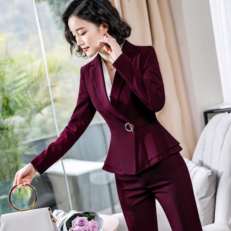 China Factory Burgundy Wholesaler 2 Piece Set Simple Formal Pant Suit Blazer Office Lady Designs Women Ruffles Jacket and Pant