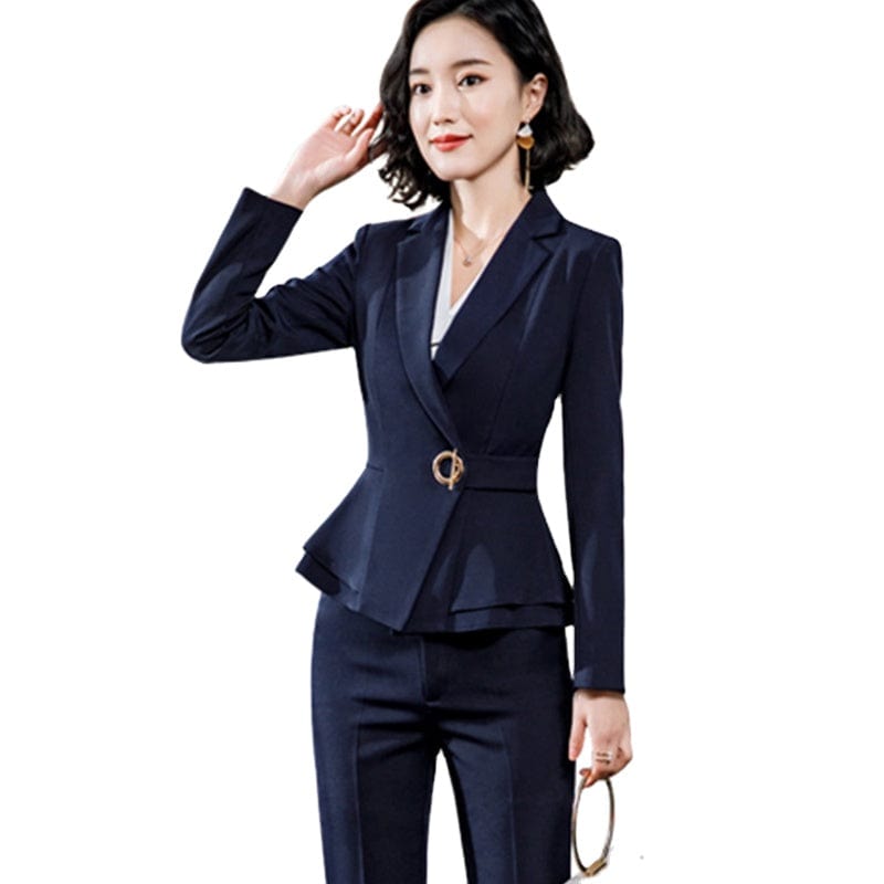 China Factory Burgundy Wholesaler 2 Piece Set Simple Formal Pant Suit Blazer Office Lady Designs Women Ruffles Jacket and Pant