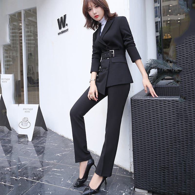 China Factory Direct Sell 2 Piece Suit Set Women Red Pant Suits Business Office Lady Work Wear Formal Blazer with Sashes
