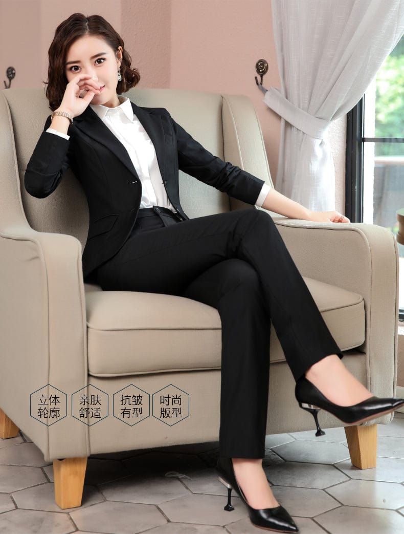 China Factory Formal Soft Black Pant Suit for Women Work Wear Office Lady Style Business Blazer with Pants