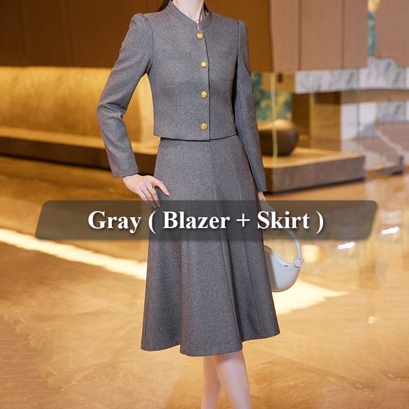 Chinese Size 5XL / 2 Piece Gray skirt Suit OEM High-Quality 2 Piece Dealers Set Office Ladies Stand Collar Skirt Suit Designs Women Business Suits for work Formal Wear