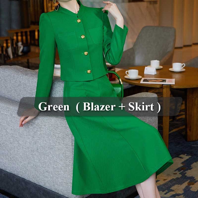 Chinese Size S / 2 Piece Green skirt Suit OEM High-Quality 2 Piece Dealers Set Office Ladies Stand Collar Skirt Suit Designs Women Business Suits for work Formal Wear