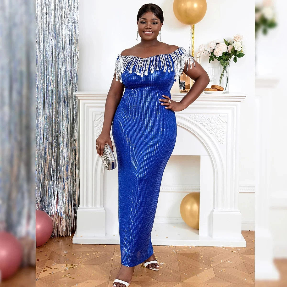 Christmas AOMEI Frigne Women Plus Size Off the Shoulder Sequin Dress