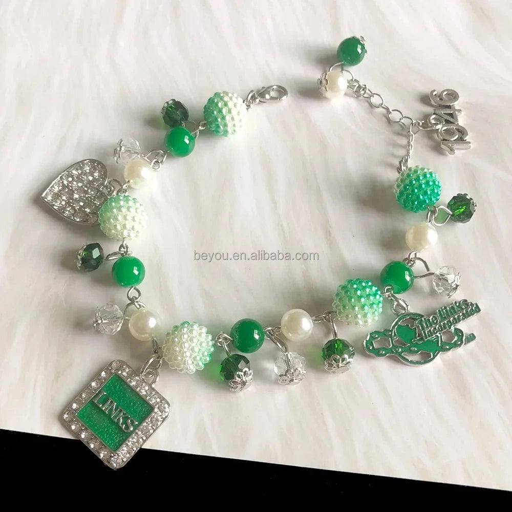 classic / 19CM / links New Elastic HandMade Greek Sorority Green White Irregular Beads Chain DIY LINKS Charm Bracelet Gold Tassel Jewelry Accessories
