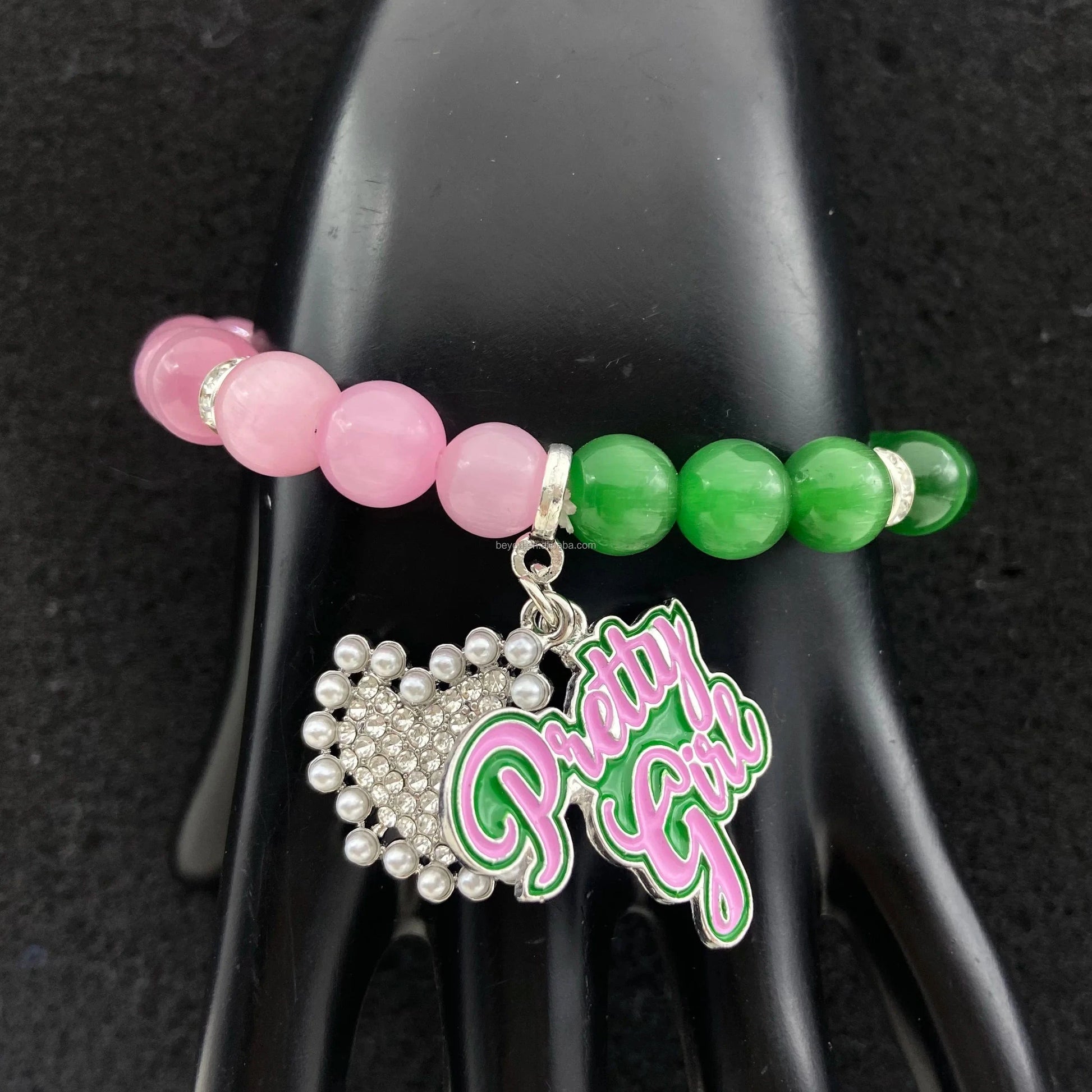 classic / 19CM / Pink green Pink Green Chatoyant Stone Bling Maple Enamel Rhinestones Pendant Elastic Bracelet Jewelry For Girl Women Gift
