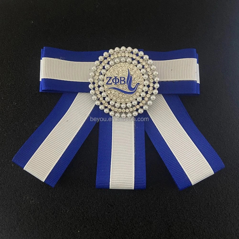 classic / girl / Other New Greek Sorority Custom Zeta Phi Beta Blue White Bow Tie Brooch Pearl Crystal ZPB Girl Pendant Brooches Ties Pin For Shirt