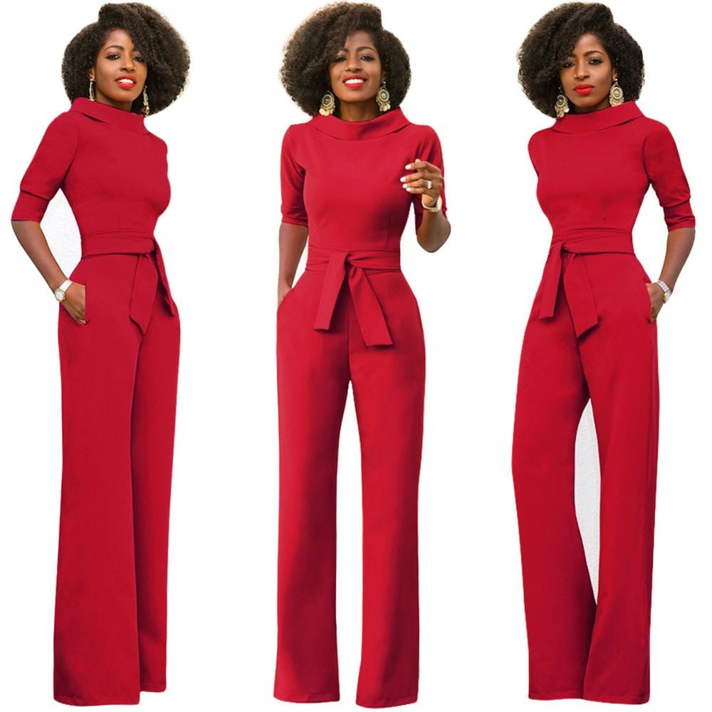 Classic solid minimalist turtleneck slimming formal jumpsuit for women