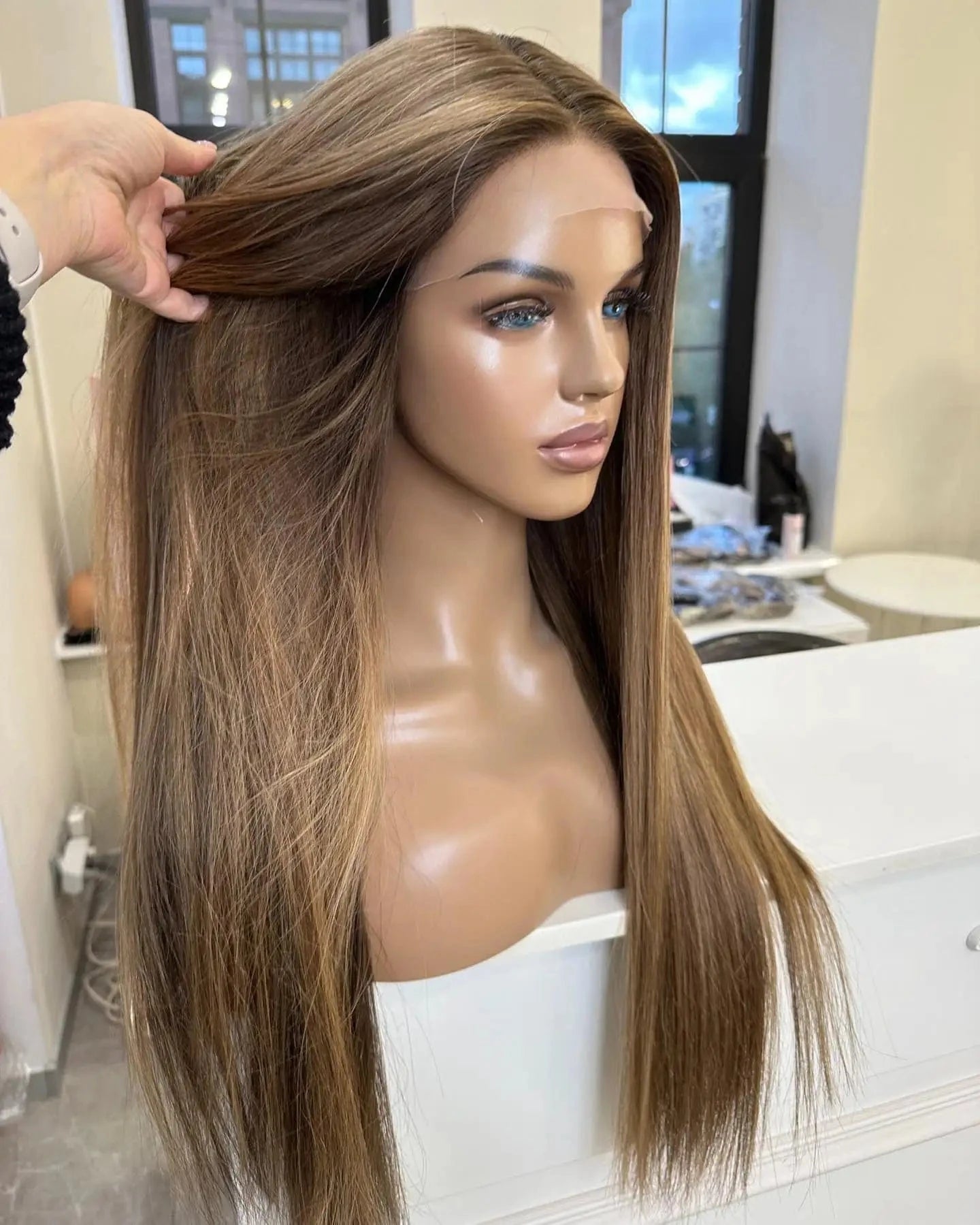 Clip In Ash Brown Highlight Custom 150% Density Long Straight Virgin European Soft Cuticle Human Hair Swiss Lace Front Wigs