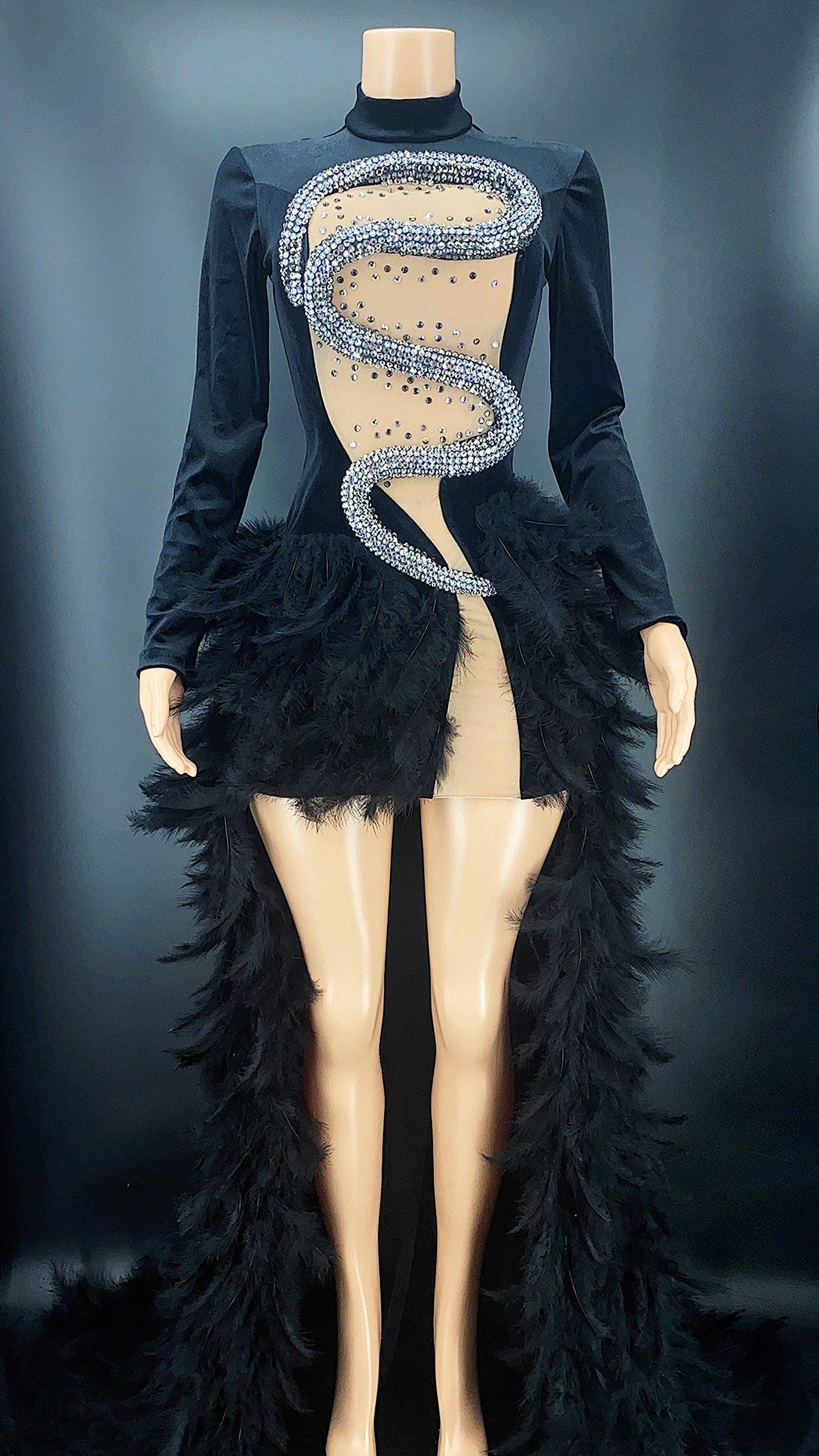 Clothes Wholesale Suppliers Sparkly Snake Rhinestone Formal Evening Dress Black High Neck Elegant Party Wear Gown For Women