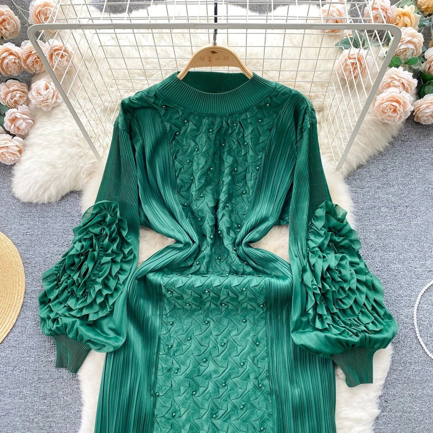 Clothing 2024 Spring New Solid Color Embroidered Crew Neck Long Sleeve Elegant Loose Women's Dress