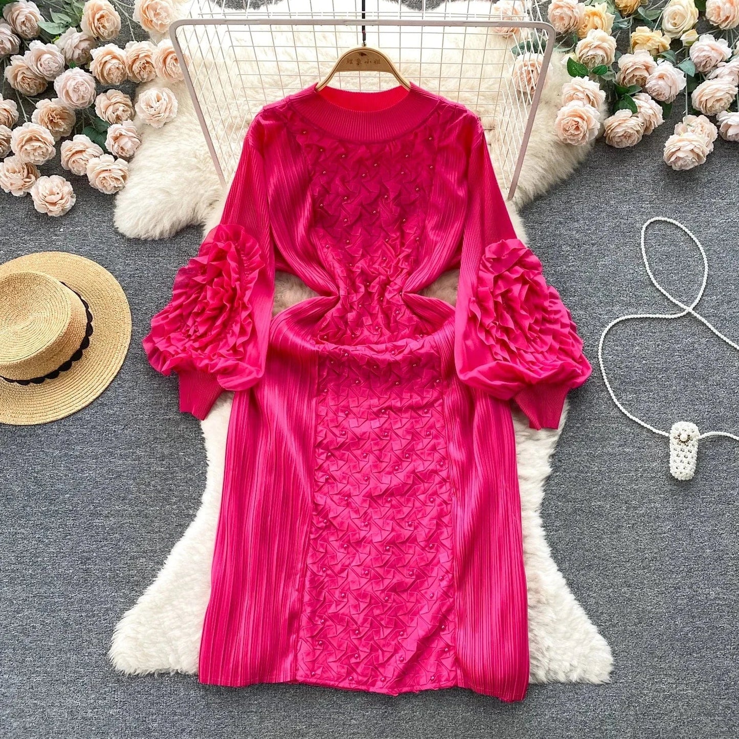 Clothing 2024 Spring New Solid Color Embroidered Crew Neck Long Sleeve Elegant Loose Women's Dress