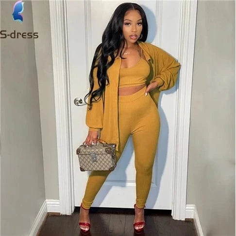 Clothing High Quality Women Fall Knit Set Tank Top Jacket and Pants Solid Rib 3 Piece Set Women