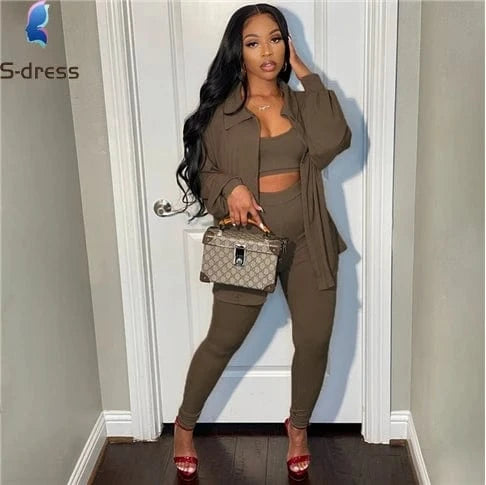 Clothing High Quality Women Fall Knit Set Tank Top Jacket and Pants Solid Rib 3 Piece Set Women