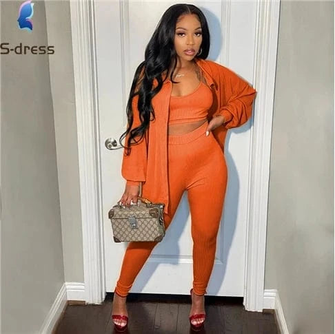 Clothing High Quality Women Fall Knit Set Tank Top Jacket and Pants Solid Rib 3 Piece Set Women