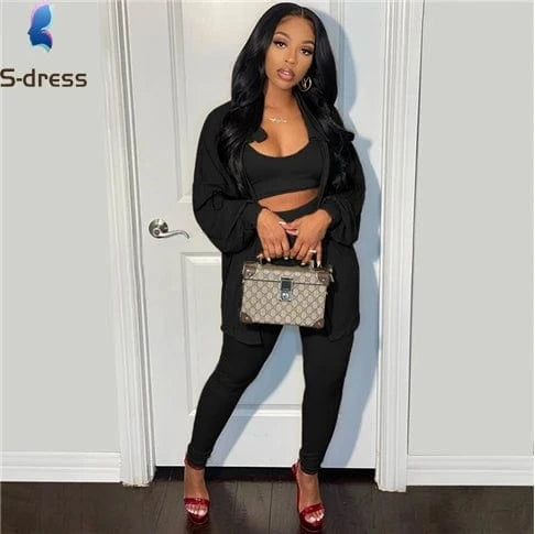 Clothing High Quality Women Fall Knit Set Tank Top Jacket and Pants Solid Rib 3 Piece Set Women