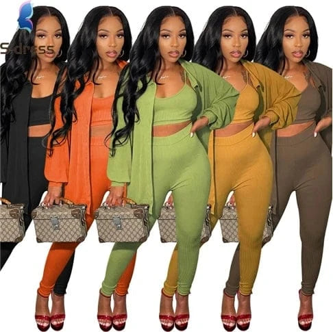 Clothing High Quality Women Fall Knit Set Tank Top Jacket and Pants Solid Rib 3 Piece Set Women