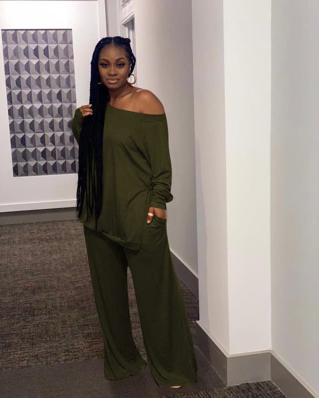 CMM-756 Plus Size Women'S Solid Color Casual Split Blouse Wide Leg Pants Casual Wide-Leg Pants Two-Piece Suit