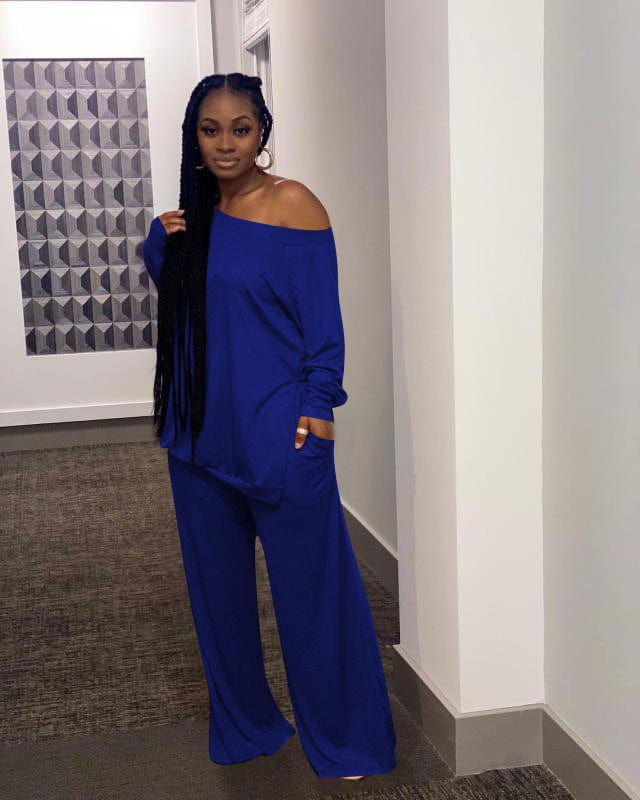 CMM-756 Plus Size Women'S Solid Color Casual Split Blouse Wide Leg Pants Casual Wide-Leg Pants Two-Piece Suit