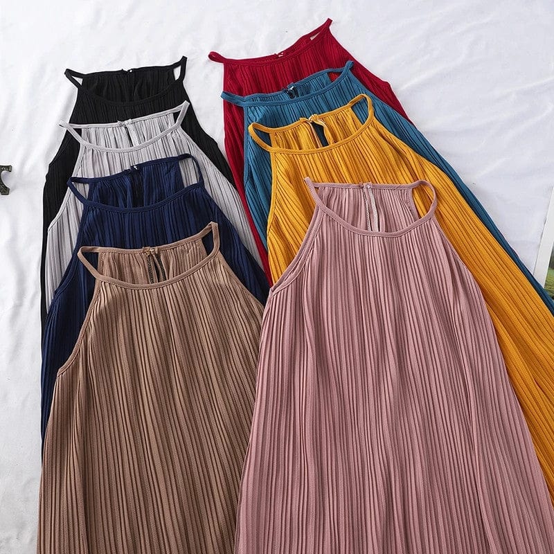 Coldker Holiday Beach Sleeveless Halter Dress Multicolor Pleated Design High Waist A Line Vestido Sexy O Neck Pullover Ropa